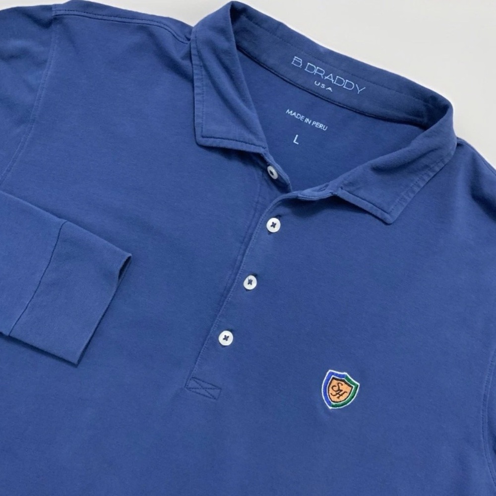 B Draddy Polo Shirt Large Blue Long Sleeve Super Soft Pima Cotton Golf Club Logo